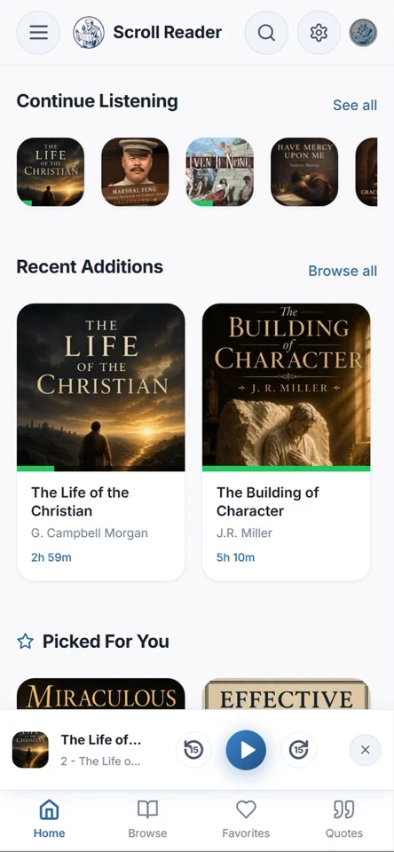 Scroll Reader library with Continue Listening and recently added Christian audiobooks