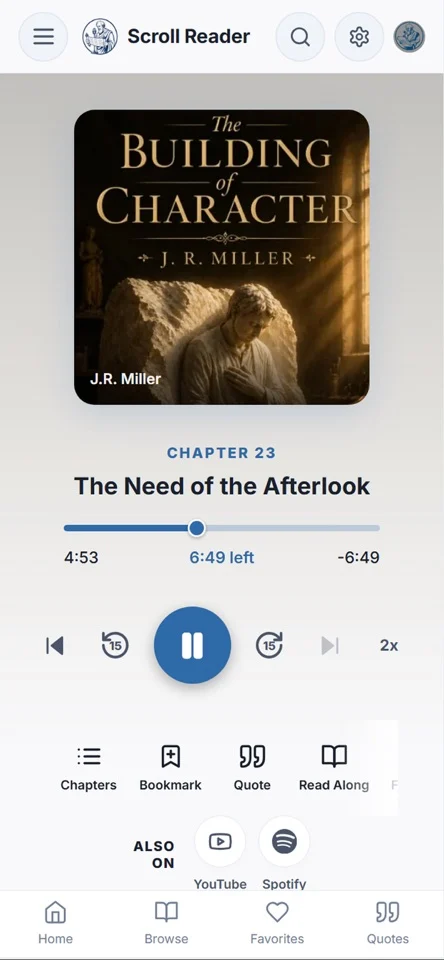 The Building of Character audiobook playing, with chapter, bookmark, quote, and read-along controls